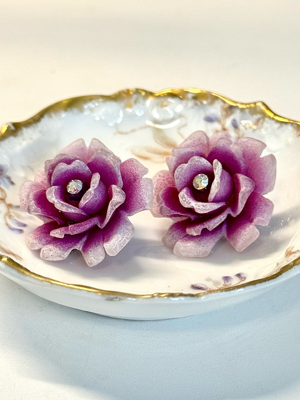 Vintage Pre-War Germany Frosted Purple Lucite Rose Clip On Earrings